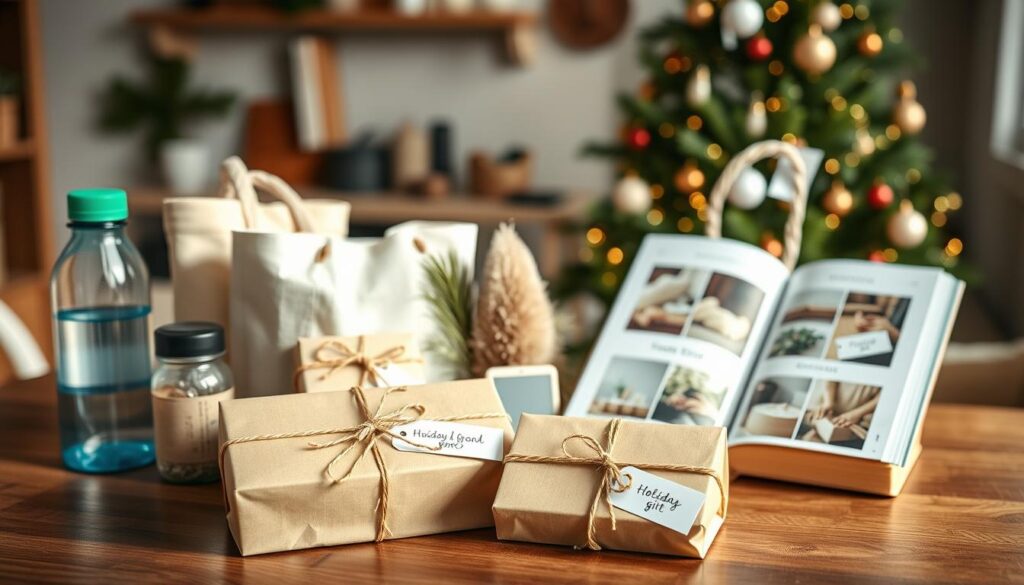 A beautifully arranged display of sustainable corporate gifts on a wooden table, featuring eco-friendly items like reusable water bottles, organic cotton tote bags, and handcrafted artisan goods. In the foreground, showcase a set of personalized gift boxes tied with natural twine and adorned with minimalist, biodegradable labels. The middle ground reveals a cozy workspace with a warm light filter, highlighting an aesthetically pleasing catalog open to a page displaying holiday gift ideas. The background features a softly blurred Christmas tree, decorated with natural ornaments, creating a festive yet eco-friendly atmosphere. The composition should have gentle, natural lighting to evoke a sense of warmth and sustainability, captured with a shallow depth of field to emphasize the gifts.