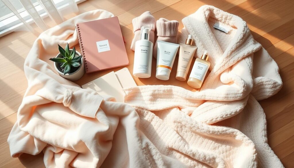 A beautifully arranged flat lay featuring an assortment of self-care gift items for a secret Santa holiday exchange. In the foreground, display a soft pastel-colored blanket, elegantly draped with a scented candle, a small succulent plant, and a chic planner. In the middle, include skincare products in aesthetically pleasing packaging, a cozy pair of socks, and a luxurious bathrobe, all harmonizing in warm hues. The background should softly fade into a wooden table, subtly illuminated with natural light from a nearby window, casting gentle shadows that evoke a tranquil atmosphere. The overall mood is serene and inviting, perfect for inspiring relaxation and personal care.