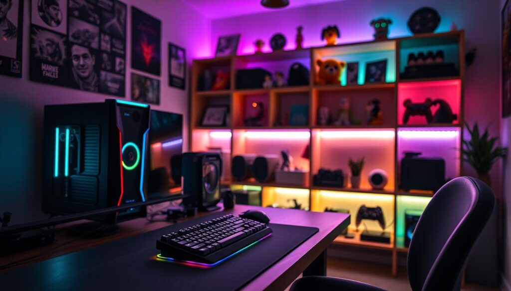 A beautifully arranged gaming setup in a cozy room, emphasizing unique lighting and ambiance. In the foreground, a sleek gaming desk with a high-end computer, mechanical keyboard, and colorful RGB mouse pad. The middle ground features softly glowing LED strip lights in various hues, casting a warm, inviting glow across the desk and surrounding area. In the background, shelves filled with gaming memorabilia and plush toys create a personalized touch. The scene is illuminated by a combination of ambient lighting and dynamic RGB effects that suggest a vibrant yet relaxing atmosphere. Use a wide-angle lens to capture the depth and details of the setup, focusing on the interplay of light and shadow to evoke a sense of tranquility and excitement in the gaming space. A beautifully arranged gaming setup in a cozy room, emphasizing unique lighting and ambiance. In the foreground, a sleek gaming desk with a high-end computer, mechanical keyboard, and colorful RGB mouse pad. The middle ground features softly glowing LED strip lights in various hues, casting a warm, inviting glow across the desk and surrounding area. In the background, shelves filled with gaming memorabilia and plush toys create a personalized touch. The scene is illuminated by a combination of ambient lighting and dynamic RGB effects that suggest a vibrant yet relaxing atmosphere. Use a wide-angle lens to capture the depth and details of the setup, focusing on the interplay of light and shadow to evoke a sense of tranquility and excitement in the gaming space.