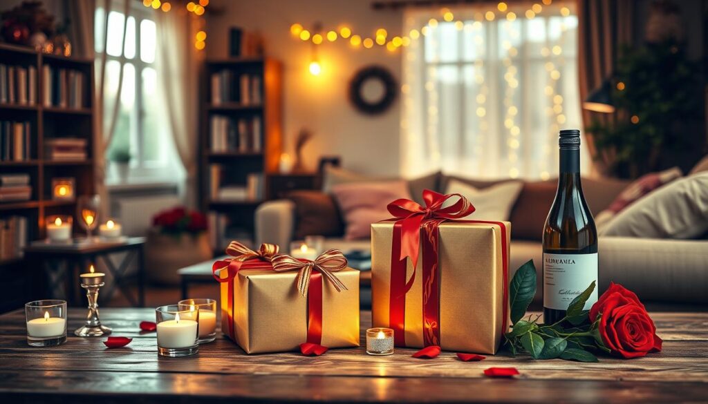 A beautifully arranged scene featuring a collection of romantic gifts for couples in Chile, set on a wooden table. In the foreground, display a pair of elegant gift boxes wrapped in festive red and gold paper, with decorative ribbons. Scattered around are fragrant candles, a small bouquet of vibrant red roses, and a bottle of fine Chilean wine. In the middle ground, a soft-focus image of a cozy living room illuminated by warm, golden lighting, featuring a rustic bookshelf filled with books and a plush sofa. The background showcases a softly lit window adorned with flowing curtains, with faint twinkling fairy lights adding to the ambiance. The overall mood is warm, inviting, and romantic, perfect for a festive holiday vibe. Use a 50mm lens for a gentle depth of field.