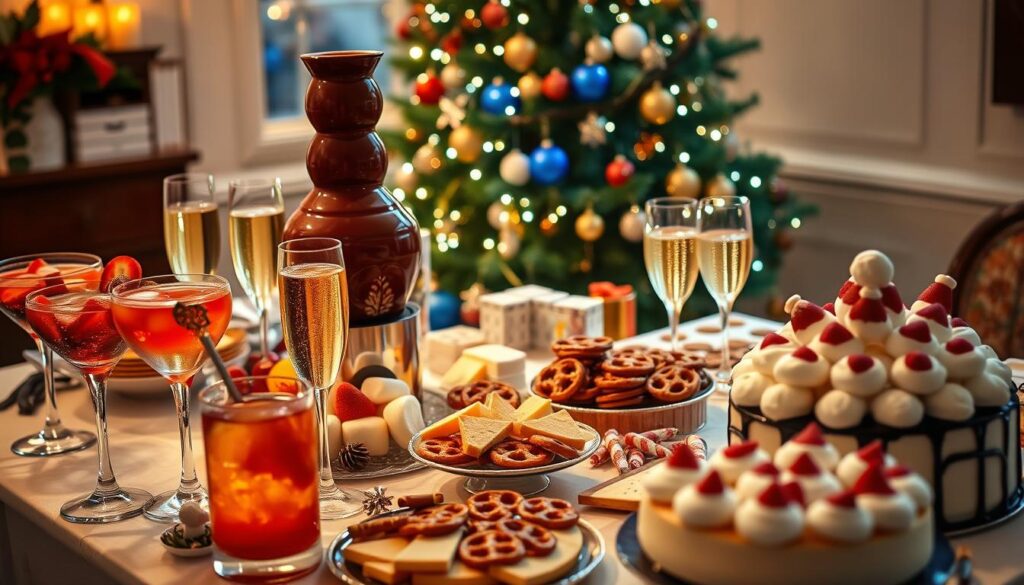 A beautifully arranged table filled with an array of festive foods and drinks, showcasing a rich chocolate fondue fountain surrounded by fresh strawberries, marshmallows, and pretzels for dipping. In the foreground, elegant glassware filled with colorful cocktails and sparkling champagne, reflecting soft, warm lights. The middle ground features gourmet cheese platters, ornate cookie assortments, and a decorated cake adorned with festive icing. In the background, a softly glowing Christmas tree adorned with vintage ornaments creates a cozy, nostalgic atmosphere. The scene is illuminated by gentle, warm lighting, enhancing the richness of the colors. The overall mood is festive and inviting, perfect for a holiday celebration. Focus on a slightly elevated angle for a comprehensive view of this delightful spread, ensuring all details are crisply captured.