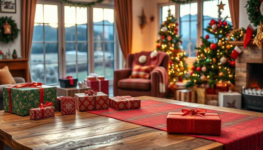 A beautifully decorated Christmas living room in Chile, featuring traditional holiday elements. In the foreground, a rustic wooden table adorned with a vibrant red and green tablecloth, surrounded by elegantly wrapped gifts in various sizes and patterns. In the middle, a cozy armchair draped with warm, festive blankets, beside a beautifully decorated Christmas tree with colorful ornaments and twinkling lights. The background reveals a window showing a picturesque Chilean landscape, with mountains in the distance, softly lit by the golden glow of sunset. The atmosphere is warm and inviting, emphasizing family togetherness and holiday joy. The scene is well-lit, with soft, diffuse lighting that casts gentle shadows, creating a peaceful and festive mood.