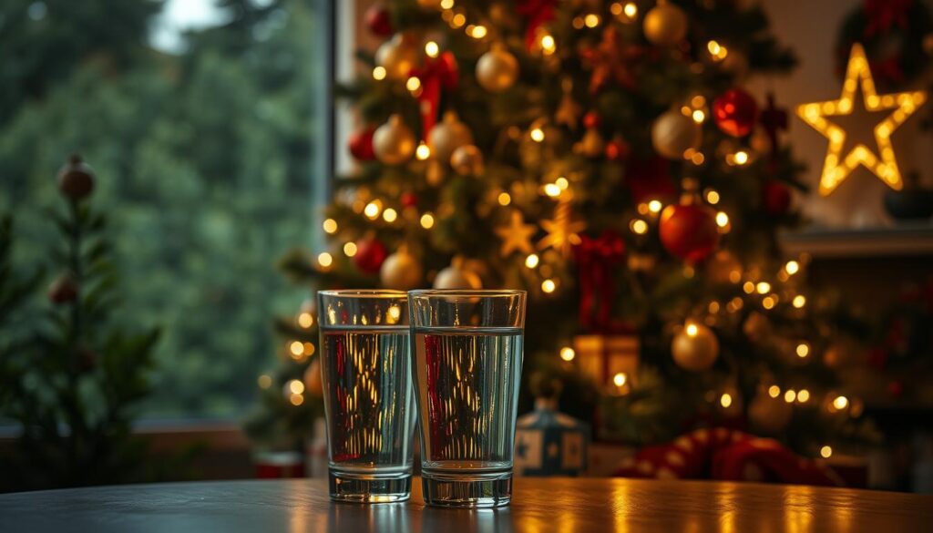 A beautifully decorated Christmas tree stands prominently in the foreground, adorned with vintage ornaments and warm fairy lights that cast a soft, inviting glow. The tree is surrounded by a serene, natural setting, suggesting a hidden danger lurking beneath the holiday cheer. In the middle ground, a clear glass of water rests cautiously on a table, symbolizing purity amidst the potential hazards. The background features soft, out-of-focus greenery with hints of festive decorations, creating a cozy yet slightly ominous atmosphere. The lighting is warm, evoking nostalgia while casting gentle shadows that invoke curiosity. The angle is slightly elevated, offering a balanced view of the tree, water, and surroundings, making the viewer reflect on the unseen dangers of ancient Christmas lights.