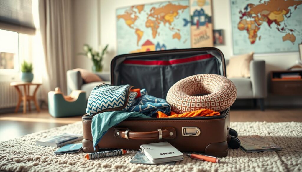 A beautifully designed, open suitcase filled with neatly arranged travel essentials. The foreground features vibrant clothing, a patterned travel organizer, and a stylish neck pillow, showcasing organization for the savvy traveler. In the middle, the suitcase rests on a soft rug with an inviting texture, surrounded by scattered travel paraphernalia like a notebook, pens, and a travel guide. The background subtly hints at a cozy, well-lit room decorated with travel-themed artwork and a world map, creating an inspiring atmosphere. Bright, natural light streams through a window to the left, casting soft shadows and enhancing the mood of anticipation and adventure. The camera angle is slightly above the suitcase, emphasizing its contents and inviting the viewer into the travel narrative.