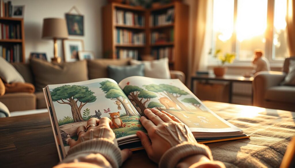 A beautifully illustrated children's book lies open on a cozy coffee table, showcasing vibrant, enchanting illustrations of a whimsical forest filled with friendly animals. In the foreground, a pair of elderly hands gently turn the page, symbolizing a connection between generations. In the middle ground, a warm and inviting living room is filled with soft lighting from a nearby lamp, creating a golden hour glow. Shelves lined with books and family photographs decorate the background, enhancing the family-oriented atmosphere. A gentle breeze through an open window adds a sense of movement and life. The mood is nostalgic and heartwarming, evoking feelings of love and togetherness in sharing stories across generations. A beautifully illustrated children's book lies open on a cozy coffee table, showcasing vibrant, enchanting illustrations of a whimsical forest filled with friendly animals. In the foreground, a pair of elderly hands gently turn the page, symbolizing a connection between generations. In the middle ground, a warm and inviting living room is filled with soft lighting from a nearby lamp, creating a golden hour glow. Shelves lined with books and family photographs decorate the background, enhancing the family-oriented atmosphere. A gentle breeze through an open window adds a sense of movement and life. The mood is nostalgic and heartwarming, evoking feelings of love and togetherness in sharing stories across generations.