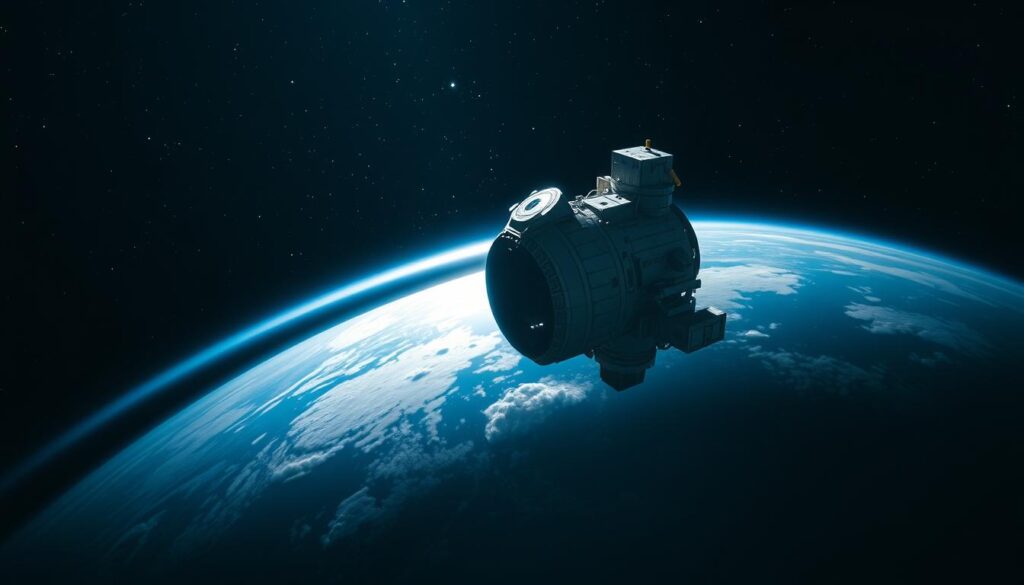 A breathtaking scene depicting the Apollo 8 mission in orbit around the Earth, showcasing the spacecraft illuminated by distant stars. In the foreground, the Apollo 8 capsule is detailed with its iconic black and white exterior, positioned against a backdrop of deep space, with a stunning view of Earth below, partially shadowed, highlighting its blue oceans and white clouds. Incorporate a gentle glow from the Earth’s atmosphere peeking around the curvature. The middle ground should feature a star-studded sky with twinkling stars, emphasizing the vastness of space. The atmosphere is filled with a sense of wonder and serenity, evoking the spirit of exploration during the holiday season. Use a soft focus lens effect to create a dreamy, ethereal quality, enhancing the mood of a peaceful journey through the cosmos.