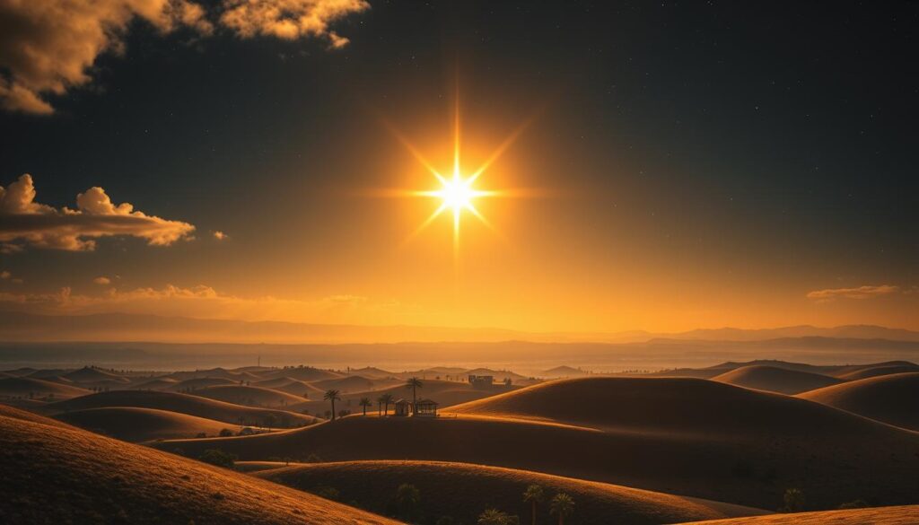 A bright and luminous Star of Bethlehem shining in the night sky, surrounded by a tranquil landscape. In the foreground, gentle rolling hills under starlit clouds, dotted with modest homes and palm trees from the region. The middle ground features a wide expanse of clear night sky, where the star glows brilliantly, offering a warm golden light that casts soft shadows on the landscape below. In the background, faint outlines of distant mountains can be seen under the shimmering starlight. The scene conveys a sense of peace and wonder, inviting viewers to reflect on the intersection of faith, astronomy, and history. Use a soft focus lens effect to create a dreamy atmosphere, with a warm color palette emphasizing gold and deep blue hues, capturing the magical essence of the moment.
