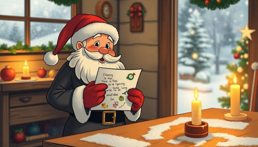 A charming illustration of the classic "Viejito Pascuero" (Chilean Santa Claus) in a cozy, festive setting. In the foreground, the Viejito Pascuero holds a beautifully handwritten letter from a child, adorned with colorful drawings and festive stickers. The middle ground features a rustic wooden table decorated with holiday ornaments and a glowing candle casting a warm, inviting light. In the background, there's a snowy winter scene visible through a frosted window, complete with twinkling lights on a nearby Christmas tree. The atmosphere is joyful and nostalgic, evoking the magic of Christmas in Chile, with soft, warm lighting enhancing the cheerful vibe of the scene. The focus is clear, with a slight bokeh effect in the background to create depth.