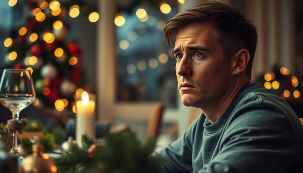 A close-up of a worried individual sitting alone at a festive dining table, decorated with holiday ornaments and dim lights casting a warm glow. The person, dressed in modest casual attire, gazes thoughtfully out of the window, showing subtle signs of melancholy, like a furrowed brow and pursed lips. In the background, softly blurred Christmas decorations and a flickering candle enhance the atmosphere of solitude amid celebration. The focus is sharply on the person's expression, capturing the essence of 'white sadness' with a soft, emotional lighting that highlights the contrast between the bright party ambiance and the individual's inner turmoil, conveying a sense of longing and isolation during the holiday season.