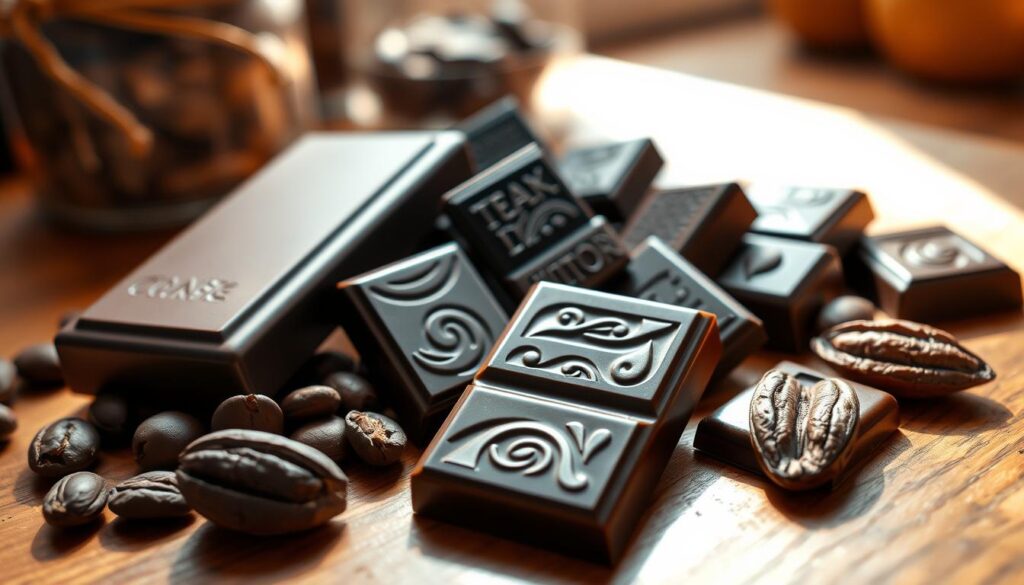 A close-up view of a beautifully arranged selection of rich, dark chocolate pieces made from 100% cacao. The chocolates should be varying shapes: a smooth bar, artisanal squares with intricate designs, and one with a glossy finish displaying a reflection. Surround the chocolates with a few cocoa beans and delicate cacao pod shells, hinting at their origins. The setting is a warm wooden table, softly illuminated by natural light streaming in from a nearby window. This creates a cozy, inviting atmosphere that evokes indulgence and authenticity. In the background, out-of-focus kitchen elements, like a rustic jar of ingredients, enhance the homely feel. Aim for a composition that highlights the elegance of high-quality chocolate, enticing the viewer's senses. A close-up view of a beautifully arranged selection of rich, dark chocolate pieces made from 100% cacao. The chocolates should be varying shapes: a smooth bar, artisanal squares with intricate designs, and one with a glossy finish displaying a reflection. Surround the chocolates with a few cocoa beans and delicate cacao pod shells, hinting at their origins. The setting is a warm wooden table, softly illuminated by natural light streaming in from a nearby window. This creates a cozy, inviting atmosphere that evokes indulgence and authenticity. In the background, out-of-focus kitchen elements, like a rustic jar of ingredients, enhance the homely feel. Aim for a composition that highlights the elegance of high-quality chocolate, enticing the viewer's senses.