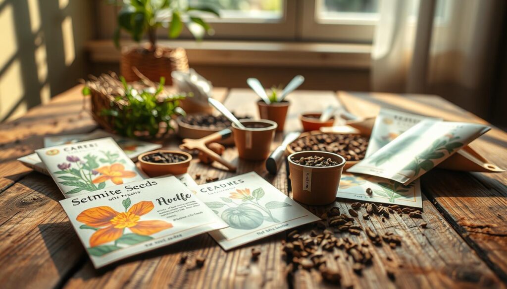 A close-up view of a variety of seeds designed for eco-friendly gifting, artistically scattered across a rustic wooden surface. The foreground features vibrant, colorful seed packets with artistic illustrations of flowers, vegetables, and herbs, partially open to reveal the seeds inside. In the middle ground, small biodegradable pots and tools for planting are arranged creatively. The background showcases soft, natural lighting that filters through a window, casting gentle shadows and highlighting the textures of the wood and seeds. The overall atmosphere is warm and inviting, embodying the spirit of sustainability and nature, perfect for celebrating eco-conscious gift ideas.