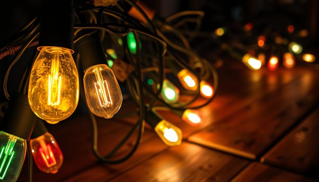 A close-up view of vintage Christmas lights tangled with old, frayed electrical wires, showcasing the delicate glass bulbs in warm colors—reds, greens, and yellows—dimly illuminated in a softly lit room. In the foreground, highlight a few vintage bulbs with slight imperfections, hinting at their age and wear. In the middle, the intertwined wires and some visible, rusty clips create a sense of nostalgia and potential danger. The background features a dimly lit, rustic wooden table with faint reflections, adding depth. The mood is reminiscent of holiday warmth yet carries an undertone of unease, symbolizing the hidden dangers of older electrical systems. The lighting should be soft and atmospheric, evoking a sense of caution and intrigue.