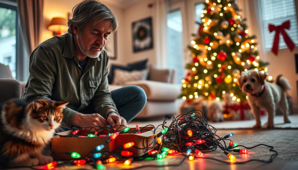 A concerned pet owner in a cozy, warmly-lit living room decorated for Christmas, carefully checking old Christmas lights for potential hazards, with a cat and a small dog watching closely. The foreground features the owner with a focused expression, wearing casual but tidy clothing, kneeling next to a box of vintage lights. The middle ground shows the colorful, old-fashioned lights spread out, while the background displays a beautifully decorated Christmas tree, adorned with ornaments and twinkling lights. Soft, ambient lighting creates a warm and inviting atmosphere, inviting viewers to contemplate the safety of pets during the holiday season. Use a slightly blurred depth of field to emphasize the foreground activity while keeping the background festive yet out of focus.