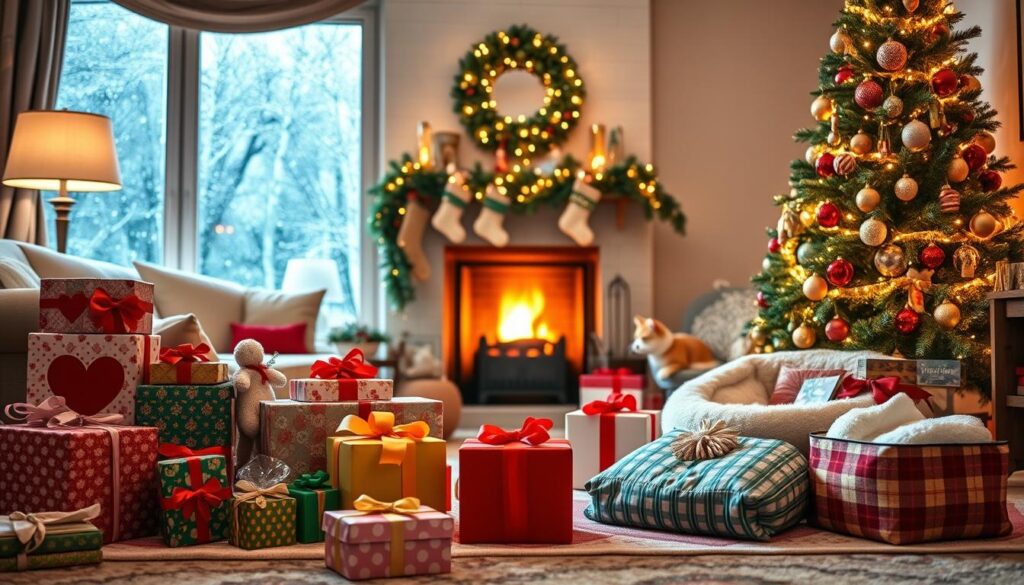 A cozy, festive scene depicting a variety of Christmas gifts for pet lovers arranged around a beautifully decorated Christmas tree. In the foreground, a selection of colorful gift boxes wrapped in festive paper with ribbons, alongside squeaky toys, cozy pet beds, and gourmet treats, all designed for dogs and cats. In the middle, a warm, glowing fireplace with stockings hanging from the mantle, adding a Christmas charm. In the background, snow gently falls outside a frosted window, creating a serene winter atmosphere. Soft, warm lighting casts gentle shadows, evoking a joyful and heartwarming mood. The angle captures the depth of the living room, making the viewer feel at home in this enchanting holiday setting.