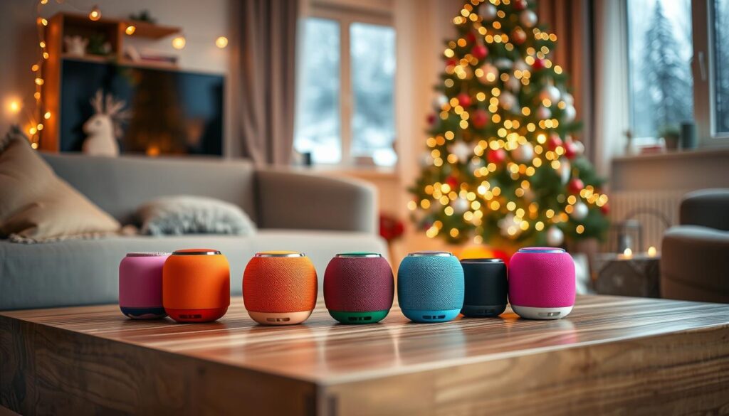A cozy living room scene during the holiday season, showcasing a selection of colorful mini speakers arranged artistically on a modern wooden coffee table. The speakers are vibrant and stylish, reflecting popular designs found in Chilean stores. In the background, a softly glowing Christmas tree is adorned with white lights and ornaments, creating a warm ambiance. Subtle string lights hang around, adding to the festive mood. A window reveals a light dusting of snow outside, hinting at a winter wonderland. The lighting is warm and inviting, casting a gentle glow over the scene. The image captures the excitement of gifting modern tech items, emphasizing the theme of thoughtful presents for friends and colleagues.