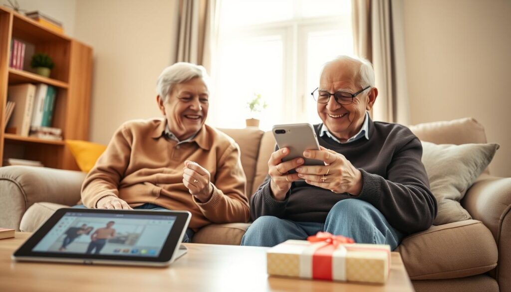 A cozy living room scene featuring an elderly couple, both dressed in modest casual clothing, happily interacting with modern technology gifts. In the foreground, a tablet rests on a coffee table, showing an easy-to-navigate interface. The couple is joyfully examining a smartphone in their hands, with expressions of curiosity and excitement. In the middle, a plush couch adorned with colorful cushions provides a comfortable setting, while a small potted plant adds a touch of warmth. The background features a bright window with soft, natural light streaming in, illuminating the room and enhancing the cheerful atmosphere. The overall mood is warm and inviting, emphasizing connection and simplicity in technology for seniors. A cozy living room scene featuring an elderly couple, both dressed in modest casual clothing, happily interacting with modern technology gifts. In the foreground, a tablet rests on a coffee table, showing an easy-to-navigate interface. The couple is joyfully examining a smartphone in their hands, with expressions of curiosity and excitement. In the middle, a plush couch adorned with colorful cushions provides a comfortable setting, while a small potted plant adds a touch of warmth. The background features a bright window with soft, natural light streaming in, illuminating the room and enhancing the cheerful atmosphere. The overall mood is warm and inviting, emphasizing connection and simplicity in technology for seniors.