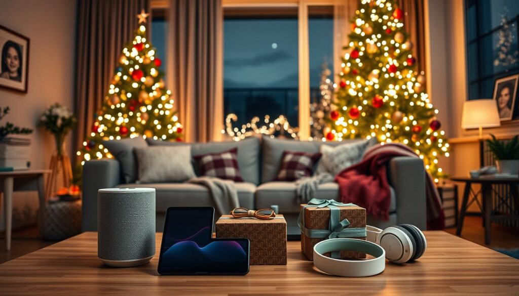 A cozy, modern living room decorated for Christmas in Chile during nighttime, featuring a beautifully lit tree adorned with colorful ornaments and twinkling lights. In the foreground, several popular tech gifts are elegantly arranged on a stylish coffee table—such as the latest smart speaker, a sleek tablet, and innovative headphones—each highlighted by soft, warm lighting. The middle ground shows a welcoming sofa draped with festive throws, with a glimpse of family portraits on the wall and a window revealing a clear, starry night. The overall mood is joyful and inviting, embodying the spirit of giving and celebration during the Christmas season. Use a warm color palette to evoke a sense of comfort and festivity, shot with a slight wide-angle lens to capture the inviting atmosphere.