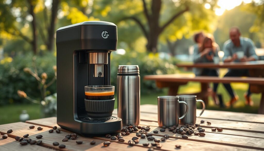 A cozy outdoor setting with a focus on a sleek, modern portable espresso maker placed on a wooden picnic table. In the foreground, showcase the espresso maker with a rich, dark shot of espresso in a stylish ceramic cup. Beside it, place a high-quality stainless steel thermos and a couple of elegant travel mugs, all surrounded by scattered coffee beans. In the middle ground, include lush greenery to create an inviting, natural atmosphere, while softly blurred sunlight filters through the trees. The background depicts a peaceful park scene with hints of people enjoying coffee, dressed in casual attire, adding to the relaxed mood. Capture the image with a warm, inviting light, using a shallow depth of field to emphasize the delicious espresso experience.
