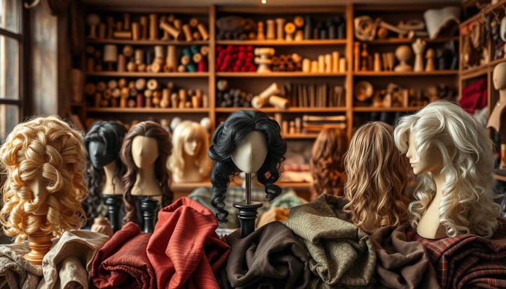A detailed display of various wig materials, showcasing an array of textures and colors. In the foreground, a selection of wigs made from human hair, horse hair, and synthetic fibers, each distinctly styled and displayed on elegant stands. The middle ground features rich fabric samples in different colors and patterns, highlighting the diversity in wig making. The background is softly blurred, resembling a historical European tailor's shop with wooden shelves filled with spools of thread and tools of the trade, illuminated by warm, diffused lighting. The atmosphere conveys a sense of craftsmanship and artistry in wig production, capturing the essence of fashion and utility in 18th-century Europe. A detailed display of various wig materials, showcasing an array of textures and colors. In the foreground, a selection of wigs made from human hair, horse hair, and synthetic fibers, each distinctly styled and displayed on elegant stands. The middle ground features rich fabric samples in different colors and patterns, highlighting the diversity in wig making. The background is softly blurred, resembling a historical European tailor's shop with wooden shelves filled with spools of thread and tools of the trade, illuminated by warm, diffused lighting. The atmosphere conveys a sense of craftsmanship and artistry in wig production, capturing the essence of fashion and utility in 18th-century Europe.