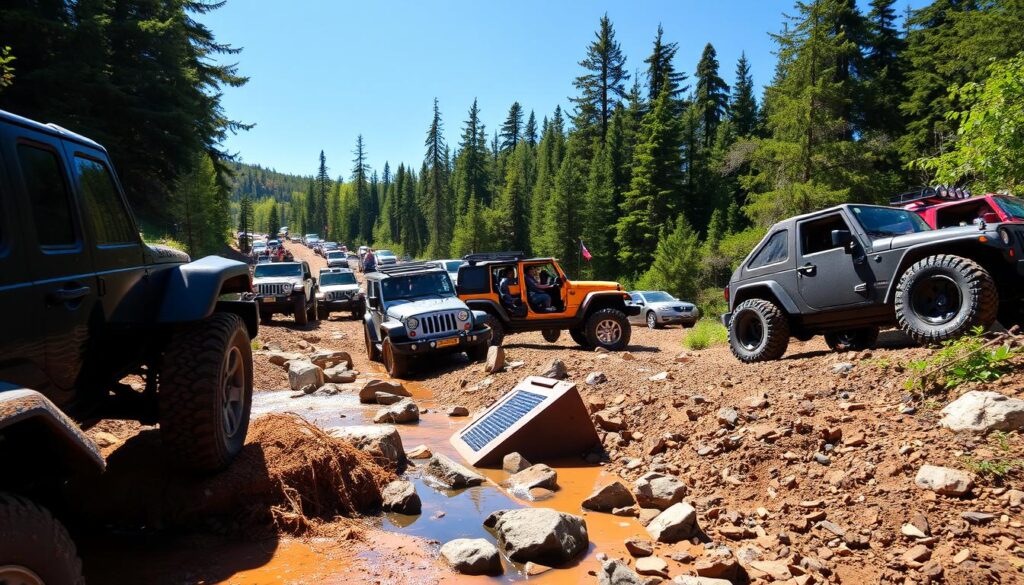 A dynamic off-road scene showcasing a diverse group of SUVs, including various Jeep models, as they navigate a rugged mountain trail. In the foreground, a striking Jeep Wrangler is seen climbing over rocks, its wheel splashing through a small puddle, with mud kicking up behind it. The middle ground features a diverse set of off-road vehicles with enthusiastic drivers and passengers in modest casual clothing, all experiencing the thrill of adventure. Dense green forests surround the pathway, and a clear blue sky frames the scene. The lighting is bright and natural, suggesting early afternoon, with sunlight filtering through the trees. The mood is vibrant and adventurous, capturing the spirit of the off-road community. A dynamic off-road scene showcasing a diverse group of SUVs, including various Jeep models, as they navigate a rugged mountain trail. In the foreground, a striking Jeep Wrangler is seen climbing over rocks, its wheel splashing through a small puddle, with mud kicking up behind it. The middle ground features a diverse set of off-road vehicles with enthusiastic drivers and passengers in modest casual clothing, all experiencing the thrill of adventure. Dense green forests surround the pathway, and a clear blue sky frames the scene. The lighting is bright and natural, suggesting early afternoon, with sunlight filtering through the trees. The mood is vibrant and adventurous, capturing the spirit of the off-road community.