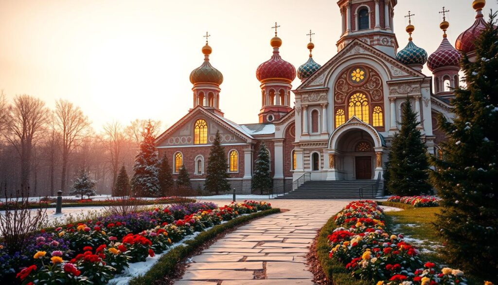 A grand Orthodox church with intricate architecture, characterized by its iconic onion domes and elaborate frescoes. In the foreground, a beautifully manicured garden with colorful flowers and a stone pathway leads to the church entrance. The middle ground showcases a couple of softly lit stained glass windows that cast colorful light patterns inside. In the background, a serene winter landscape with gently falling snow creates a peaceful atmosphere. The scene is bathed in warm golden hour lighting, giving a sense of hope and tranquility. The image captures the essence of Eastern Orthodox tradition during the Christmas season without any people, focusing solely on the majesty of the iglesia ortodoxa.