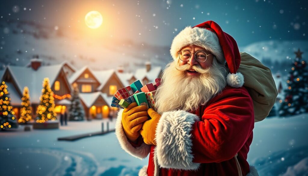 A jolly Santa Claus character, traditionally costumed in a red coat trimmed with white fur, wearing a classic red hat and round glasses, stands in the forefront. He is joyfully holding a sack filled with colorful presents, exuding warmth and generosity. In the middle ground, a snowy winter village is visible, adorned with twinkling lights and decorated Christmas trees, creating a festive ambiance. In the background, softly falling snowflakes create a magical, serene atmosphere, illuminated by the gentle glow of moonlight. The scene captures a heartwarming holiday spirit, emphasizing the global journey of the Christmas figure. The lighting is soft and inviting, enhancing the comforting mood of the image, framed at a slight angle to create depth.