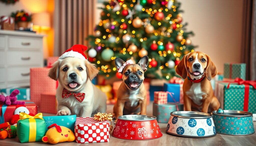 A joyful scene showcasing playful puppies in a festive atmosphere. In the foreground, three adorable puppies of different breeds—Golden Retriever, French Bulldog, and Beagle—are wearing colorful Christmas-themed accessories like bows and hats. They are surrounded by an assortment of vibrant, fun gifts such as plush toys, treat boxes, and decorated dog bowls. In the middle ground, a beautifully adorned Christmas tree twinkles with lights and ornaments, while colorful wrapped presents are scattered beneath it. In the background, soft, warm lighting bathes the scene, creating a cozy and inviting mood. The lens captures this heartwarming moment from a slightly elevated angle, highlighting the joy and excitement of the puppies and the festive ambiance. A joyful scene showcasing playful puppies in a festive atmosphere. In the foreground, three adorable puppies of different breeds—Golden Retriever, French Bulldog, and Beagle—are wearing colorful Christmas-themed accessories like bows and hats. They are surrounded by an assortment of vibrant, fun gifts such as plush toys, treat boxes, and decorated dog bowls. In the middle ground, a beautifully adorned Christmas tree twinkles with lights and ornaments, while colorful wrapped presents are scattered beneath it. In the background, soft, warm lighting bathes the scene, creating a cozy and inviting mood. The lens captures this heartwarming moment from a slightly elevated angle, highlighting the joy and excitement of the puppies and the festive ambiance.