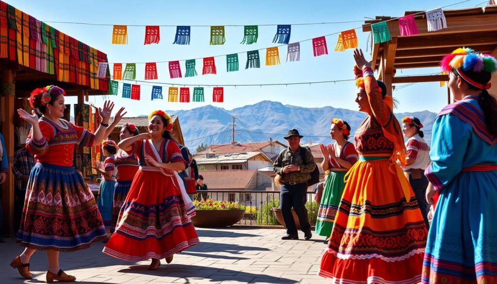 A lively celebration in Chile featuring traditional characters associated with folklore. In the foreground, colorful dancers dressed in vibrant costumes are joyfully performing a traditional dance, showcasing intricate patterns and bright colors. The middle ground includes festive decorations, such as handmade crafts and colorful papel picado hanging from wooden stalls. In the background, a picturesque view of a Chilean village is revealed, with quaint houses and the faint outline of the Andes mountains under a clear blue sky. Soft, warm lighting enhances the festive atmosphere, evoking feelings of joy and community. Capture the scene from a slightly elevated angle to encompass the joyous celebration and cultural richness. The mood is celebratory, reflecting the vibrant spirit of Chilean folklore.
