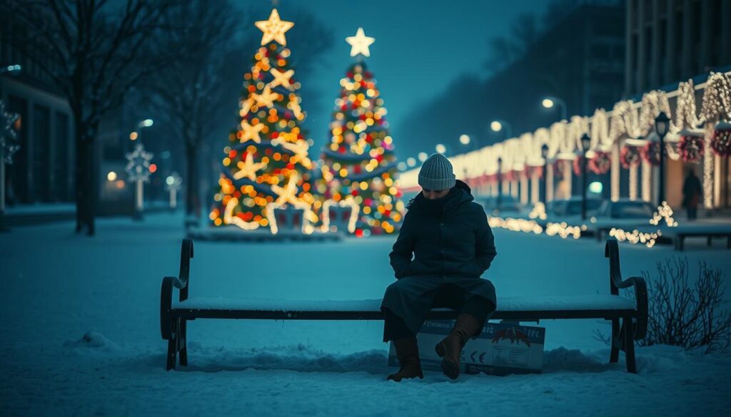 A lonely figure sits on a snow-covered bench in the foreground, dressed in modest, warm winter clothing, staring blankly at a vibrant Christmas tree adorned with bright decorations in the middle ground. The tree, glowing with lights, evokes a sense of festive joy, contrasting sharply with the figure's forlorn expression. Surrounding the bench, a winter wonderland of softly falling snowflakes creates a serene atmosphere, while distant holiday decorations add depth to the background. The scene is illuminated by soft twilight, casting a gentle blue hue that emphasizes the melancholic mood. The angle is slightly low, capturing both the figure's isolation and the festive cheer of the surroundings, highlighting the contrast between external celebrations and internal sadness.
