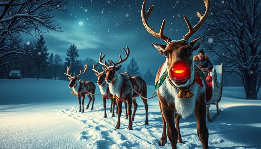 A magical winter scene featuring a team of majestic reindeer pulling a decorated wooden sleigh, adorned with colorful ribbons and bells. In the foreground, focus on a prominent reindeer with a glowing red nose, symbolizing guidance and warmth in the chilly night. In the middle ground, a snow-covered landscape glistens under the soft glow of a starry sky, with gentle, falling snowflakes adding to the enchanting atmosphere. In the background, silhouette trees frame the scene, their branches heavy with fresh snow. The lighting should evoke a serene and festive mood, using a cool color palette contrasted with warm highlights reflecting off the sleigh. A wide-angle perspective captures the entire scene, inviting viewers into this winter wonderland.