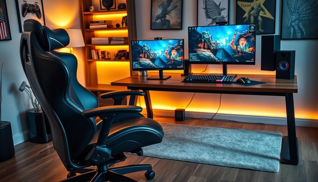 A modern gaming setup featuring a comfortable ergonomic chair and a spacious desk, perfectly arranged for optimal gaming experience. The foreground showcases a sleek, black ergonomic chair with adjustable features, positioned in front of a large, stylish gaming desk made of dark wood. On the desk, there’s a high-resolution monitor displaying a vibrant game scene, a mechanical keyboard with customizable RGB lighting, and an intricate gaming mouse. The middle ground includes a soft gaming mat extending across the desk, adding a cozy touch. The background reveals warmly lit ambient lighting, with shelves displaying gaming accessories and artwork that exude a dedicated gamer vibe. Capture the atmosphere of comfort and focus, using soft, natural light to create a welcoming ambiance, emphasizing the ergonomics and aesthetics of a perfect gaming setup. A modern gaming setup featuring a comfortable ergonomic chair and a spacious desk, perfectly arranged for optimal gaming experience. The foreground showcases a sleek, black ergonomic chair with adjustable features, positioned in front of a large, stylish gaming desk made of dark wood. On the desk, there’s a high-resolution monitor displaying a vibrant game scene, a mechanical keyboard with customizable RGB lighting, and an intricate gaming mouse. The middle ground includes a soft gaming mat extending across the desk, adding a cozy touch. The background reveals warmly lit ambient lighting, with shelves displaying gaming accessories and artwork that exude a dedicated gamer vibe. Capture the atmosphere of comfort and focus, using soft, natural light to create a welcoming ambiance, emphasizing the ergonomics and aesthetics of a perfect gaming setup.