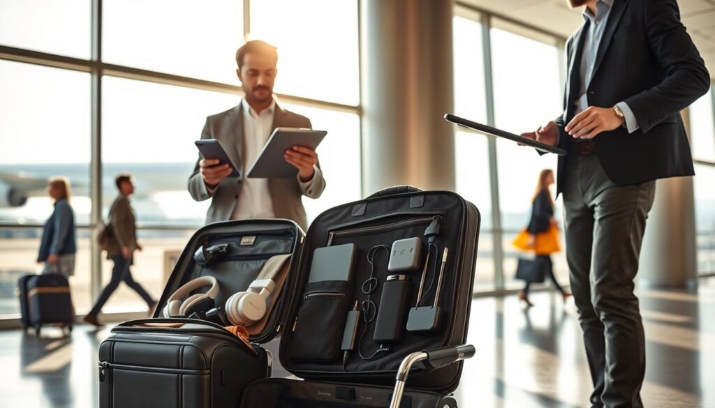 A modern traveler standing beside a sleek, open suitcase in an airport lounge, surrounded by essential travel technology. In the foreground, the traveler, dressed in smart casual attire, is exploring the latest noise-canceling headphones, a compact power bank, and a versatile tablet. In the middle ground, an elegant, minimalist travel bag hanging on a chair showcases an assortment of tech gadgets like a universal travel adapter and a digital luggage scale. The background features large windows revealing a vibrant airport scene, with airplanes taking off and passengers moving in a hurry. Soft natural lighting filters through the windows, casting gentle shadows, creating a mood of excitement and anticipation for the journey ahead. The focus is sharp, with a slight depth of field to highlight the traveler and their essential gadgets.