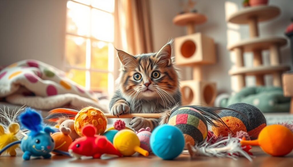 A playful scene featuring various colorful cat toys arranged artfully in a cozy indoor setting. In the foreground, there are small plush mice, fabric balls, and a feather wand, all designed to stimulate a cat's curiosity. The middle ground showcases a fluffy tabby cat engaging with these toys, its eyes wide with excitement. In the background, a sunny window casts soft, warm light, highlighting a cozy blanket and cat tree filled with climbing spaces. The atmosphere is joyful and inviting, reflecting a sense of playfulness and comfort for feline companions. Use a realistic perspective, focusing on sharp details and vibrant colors to create an enchanting image that captures the essence of fun and well-being for cats. A playful scene featuring various colorful cat toys arranged artfully in a cozy indoor setting. In the foreground, there are small plush mice, fabric balls, and a feather wand, all designed to stimulate a cat's curiosity. The middle ground showcases a fluffy tabby cat engaging with these toys, its eyes wide with excitement. In the background, a sunny window casts soft, warm light, highlighting a cozy blanket and cat tree filled with climbing spaces. The atmosphere is joyful and inviting, reflecting a sense of playfulness and comfort for feline companions. Use a realistic perspective, focusing on sharp details and vibrant colors to create an enchanting image that captures the essence of fun and well-being for cats.