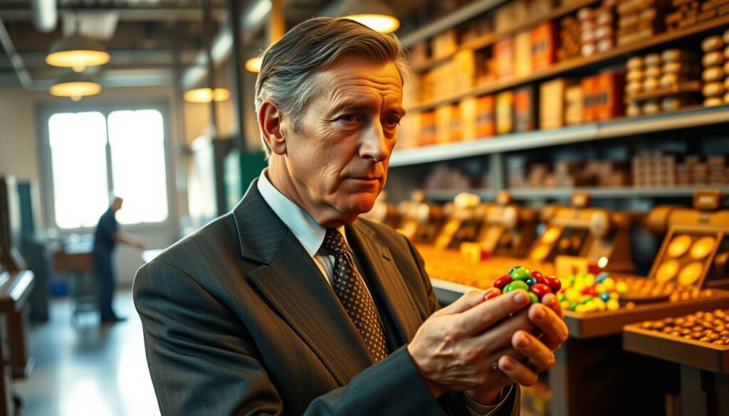 A portrait of Forrest Mars, an influential businessman, set in a vintage candy factory. In the foreground, feature Forrest Mars, a middle-aged man in a tailored suit, with a thoughtful expression, holding a handful of colorful M&M's. In the middle ground, showcase workers packaging chocolate treats, surrounded by machinery from the 1930s era, with vibrant warm lighting illuminating the scene. The background should include shelves stocked with various chocolate products, emphasizing a rich, inviting atmosphere. Create a sense of nostalgia and innovation, using a shallow depth of field to blur the factory details slightly and keep focus on Mars. Capture the mood of creativity and entrepreneurial spirit, reminiscent of significant advancements in candy-making history.