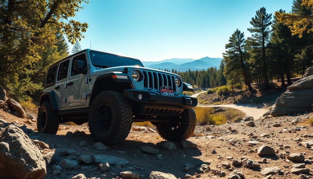 A rugged Jeep Wrangler parked on a rocky trail, showcasing its iconic boxy design and robust four-wheel-drive capabilities. In the foreground, the Jeep is angled at a slight tilt, highlighting its elevated stance and bold front grille with round headlights. In the middle ground, the trail winds through a dense forest, with sunlight filtering through the leaves, casting dappled shadows on the ground. The background features distant mountains under a clear blue sky, enhancing the sense of adventure and exploration. The overall mood is adventurous and empowering, suitable for outdoor enthusiasts. Use natural lighting to capture the texture of the vehicle and the surrounding landscape, simulating a wide-angle shot that emphasizes both the Jeep and the rugged terrain.
