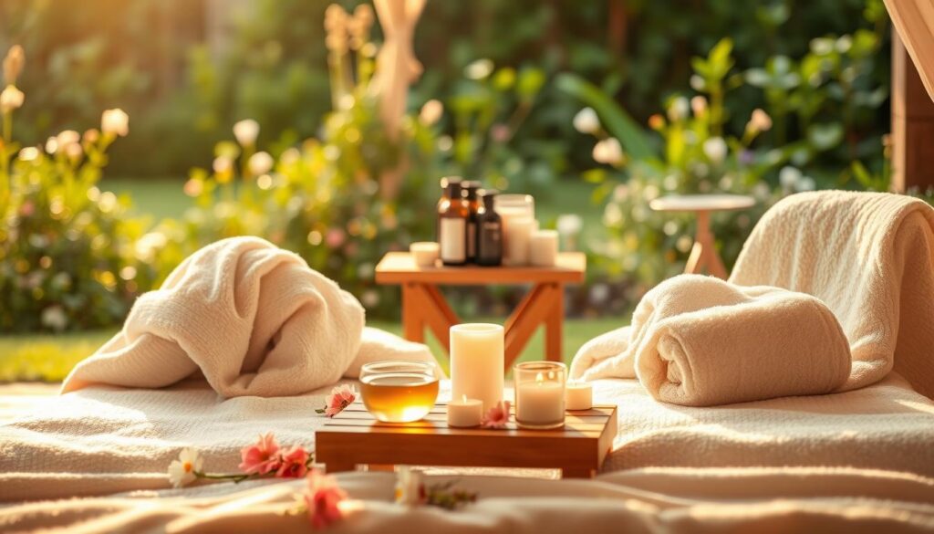 A serene and inviting wellness scene that captures the essence of relaxation and beauty for couples. In the foreground, a cozy outdoor spa setting features two plush lounge chairs adorned with soft, pastel towels, surrounded by delicate, fragrant flowers and candles. In the middle ground, a small wooden table holds a selection of herbal teas and a spa treatment kit, inviting couples to unwind together. The background reveals a lush garden with gentle, green foliage, creating a natural and tranquil atmosphere. The lighting is warm and golden, suggesting a late afternoon glow, enhancing the peaceful mood. The composition conveys intimacy and connection, perfect for a romantic wellness experience.