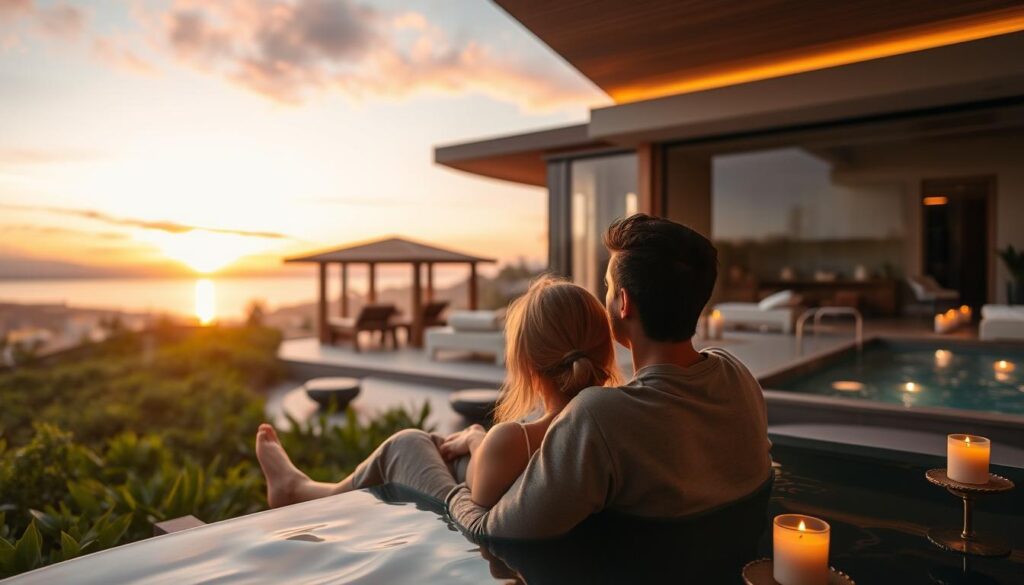 A serene and romantic getaway scene featuring a couple enjoying a luxurious spa experience. In the foreground, the couple, dressed in comfortable, casual clothing, relaxes side by side in a tranquil setting, surrounded by lush greenery and softly glowing candles. The middle layer reveals a beautiful spa environment with elegant decor, wooden accents, and soothing water features. The background showcases a picturesque sunset, casting warm golden and pink hues across the sky, illuminating the peaceful atmosphere. The scene is captured with a soft-focus lens, enhancing the intimacy and warmth, evoking a sense of serenity and romance. The lighting is soft and diffused, creating a dreamy mood perfect for couples seeking memorable experiences together.