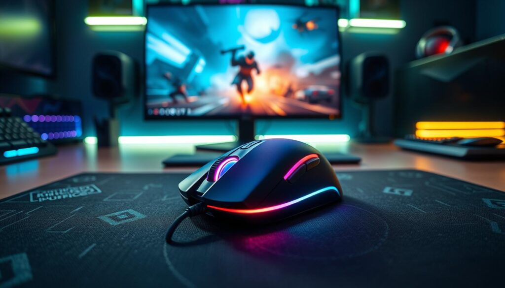 A sleek, modern gaming mouse prominently featured in the foreground, showcasing its ergonomic design and vibrant RGB lighting. The mouse rests on a textured mouse pad with digital patterns. In the middle ground, a high-resolution monitor displays an action-packed gaming scene, enhancing the gaming atmosphere. The background features a stylish, dimly lit gaming setup with ambient LED lights and various gaming accessories, like headsets and keyboards, subtly blurred to draw focus to the mouse and monitor. The lighting is soft yet dynamic, creating a focused and immersive mood. The angle is slightly top-down, capturing the essence of a gamer’s workspace, inviting viewers into a world of gaming. A sleek, modern gaming mouse prominently featured in the foreground, showcasing its ergonomic design and vibrant RGB lighting. The mouse rests on a textured mouse pad with digital patterns. In the middle ground, a high-resolution monitor displays an action-packed gaming scene, enhancing the gaming atmosphere. The background features a stylish, dimly lit gaming setup with ambient LED lights and various gaming accessories, like headsets and keyboards, subtly blurred to draw focus to the mouse and monitor. The lighting is soft yet dynamic, creating a focused and immersive mood. The angle is slightly top-down, capturing the essence of a gamer’s workspace, inviting viewers into a world of gaming.