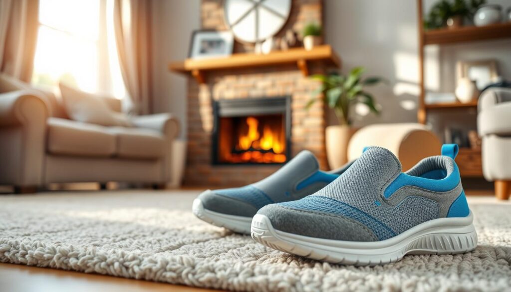 A stylish pair of comfortable sneakers designed for senior citizens, featuring a supportive cushioned sole and easy slip-on style. The foreground shows the sneakers in vibrant colors like blue and gray with textured details emphasizing comfort and safety. In the middle ground, depict a cozy living room setting with a soft rug and a warm fireplace, creating an inviting atmosphere. Natural light streams in from a nearby window adding warmth and highlighting the sneakers. In the background, include subtle decorative elements like family photos on a shelf and a plant, suggesting a homely vibe. The overall mood is serene and comforting, emphasizing the importance of both fashion and function for seniors. A stylish pair of comfortable sneakers designed for senior citizens, featuring a supportive cushioned sole and easy slip-on style. The foreground shows the sneakers in vibrant colors like blue and gray with textured details emphasizing comfort and safety. In the middle ground, depict a cozy living room setting with a soft rug and a warm fireplace, creating an inviting atmosphere. Natural light streams in from a nearby window adding warmth and highlighting the sneakers. In the background, include subtle decorative elements like family photos on a shelf and a plant, suggesting a homely vibe. The overall mood is serene and comforting, emphasizing the importance of both fashion and function for seniors.