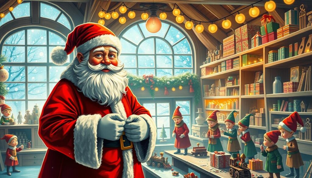 A towering Santa Claus stands in a whimsical workshop, vibrant and colorful, surrounded by playful elves. In the foreground, Santa, dressed in his classic red suit, with a cheerful expression and twinkling eyes, meticulously inspects toys. The middle ground features busy, industrious elves, each engaged in different tasks: painting dolls, assembling wooden trains, and wrapping gifts. The background reveals a cozy workshop filled with warm, golden lighting, twinkling fairy lights, and shelves brimming with toys. A large window allows soft winter sunlight to filter in, shining on snowflakes outside. The atmosphere is joyful and festive, capturing the essence of holiday cheer and industrious spirit in a vintage style, reminiscent of 19th-century illustrations.