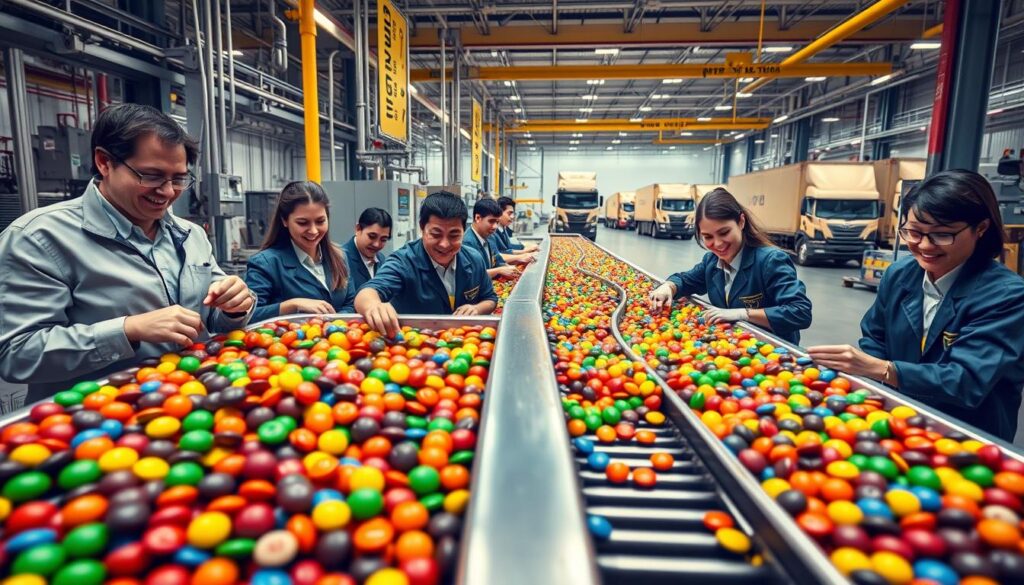 A vibrant and bustling factory scene depicting the expansion of a candy company, featuring colorful M&M's in various stages of production. In the foreground, workers in professional business attire efficiently package the candies with smiles, showcasing teamwork and dedication. In the middle ground, machines process vibrant M&M's, with conveyor belts in motion and shiny chocolate being coated, emphasizing innovation and productivity. The background reveals a busy shipping area with trucks ready to transport the candies globally, under bright, warm lighting that conveys a sense of optimism and growth. The atmosphere is lively and dynamic, reflecting the expansion of the company and business, creating a sense of excitement and anticipation for the global reach of the product.