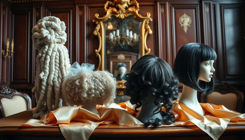 A vibrant and detailed still life showcasing an array of historical wigs, or "pelucas," in various styles, highlighting their significance from European nobility to contemporary culture. In the foreground, an ornate wooden table displays a colorful assortment of wigs: a tall powdered wig, a curly shoulder-length style, and a sleek modern bob, each resting atop elegant silk fabric. In the middle ground, a mirror reflects the exquisite detail of the wigs, casting soft highlights and shadows. The background features an opulent room with rich, dark wood paneling and golden accents, creating a warm and inviting atmosphere. Soft, diffused lighting enhances the textures and colors of the wigs, evoking a sense of cultural legacy and evolving trends. The angle is slightly elevated, giving a comprehensive view of the arrangement. A vibrant and detailed still life showcasing an array of historical wigs, or "pelucas," in various styles, highlighting their significance from European nobility to contemporary culture. In the foreground, an ornate wooden table displays a colorful assortment of wigs: a tall powdered wig, a curly shoulder-length style, and a sleek modern bob, each resting atop elegant silk fabric. In the middle ground, a mirror reflects the exquisite detail of the wigs, casting soft highlights and shadows. The background features an opulent room with rich, dark wood paneling and golden accents, creating a warm and inviting atmosphere. Soft, diffused lighting enhances the textures and colors of the wigs, evoking a sense of cultural legacy and evolving trends. The angle is slightly elevated, giving a comprehensive view of the arrangement.