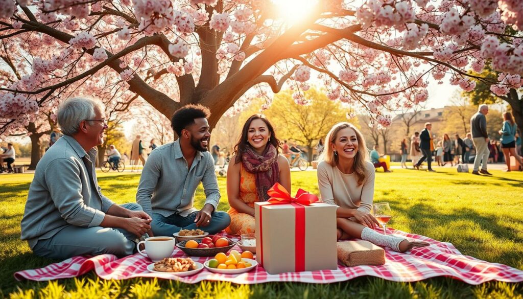 A vibrant and inviting scene depicting a joyful outdoor experience gift exchange. In the foreground, a diverse group of three adults, dressed in casual yet stylish attire, are laughing and sharing a picnic together under a large, blossoming cherry tree. The middle ground features a beautifully laid picnic blanket with an array of colorful dishes, fruits, and a small gift box symbolizing experiences like tickets, passes, or vouchers. In the background, a sun-drenched park with people engaging in various activities like biking, painting, and playing music creates a lively atmosphere. The lighting is warm and soft, casting gentle shadows, and the scene is framed using a slightly elevated angle to capture the joyful interaction and the essence of shared experiences. The mood is cheerful, relaxed, and celebratory.
