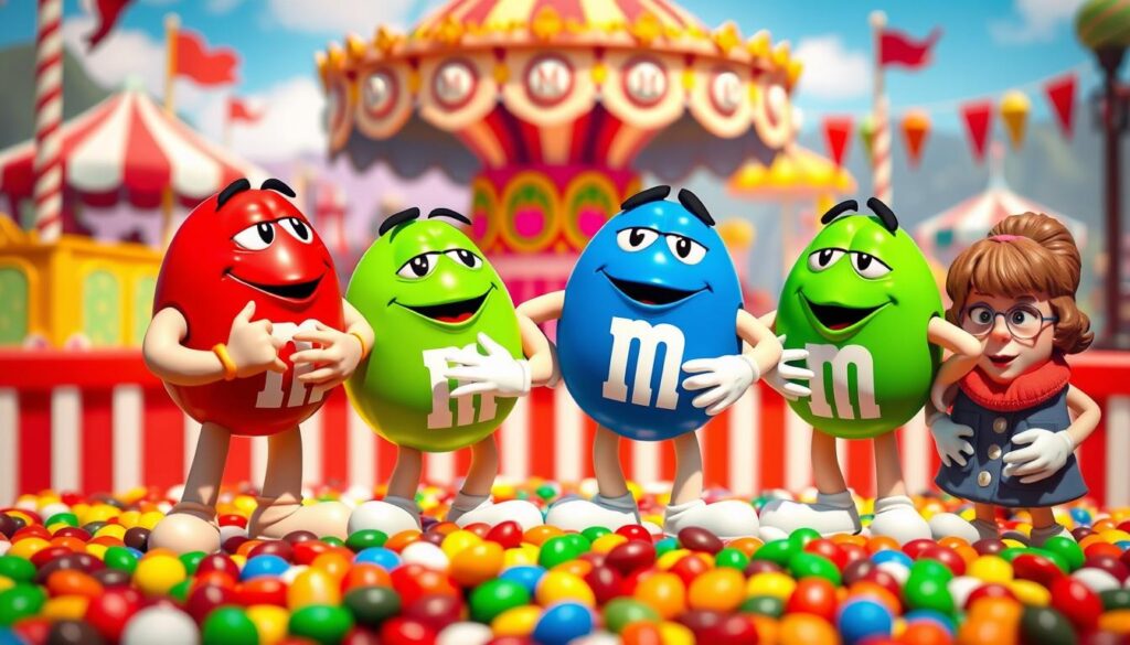 A vibrant and playful scene featuring the iconic M&M's characters: Red, Yellow, Green, Blue, and Mrs. Brown. In the foreground, the characters are interacting joyfully, showcasing their distinct features—Red's confident smirk, Yellow's cheerful smile, Green's sly wink, Blue's cool demeanor, and Mrs. Brown's sophisticated charm. The middle ground includes a colorful assortment of M&M's candies scattered around them, adding to the fun atmosphere. In the background, a vivid landscape that resembles fun carnival scenes, with candy-themed attractions and bright festive colors. The lighting is bright and cheerful, mimicking a sunny day, creating an inviting and energetic mood. The scene captures a sense of camaraderie and playfulness, emphasizing their pop culture significance.