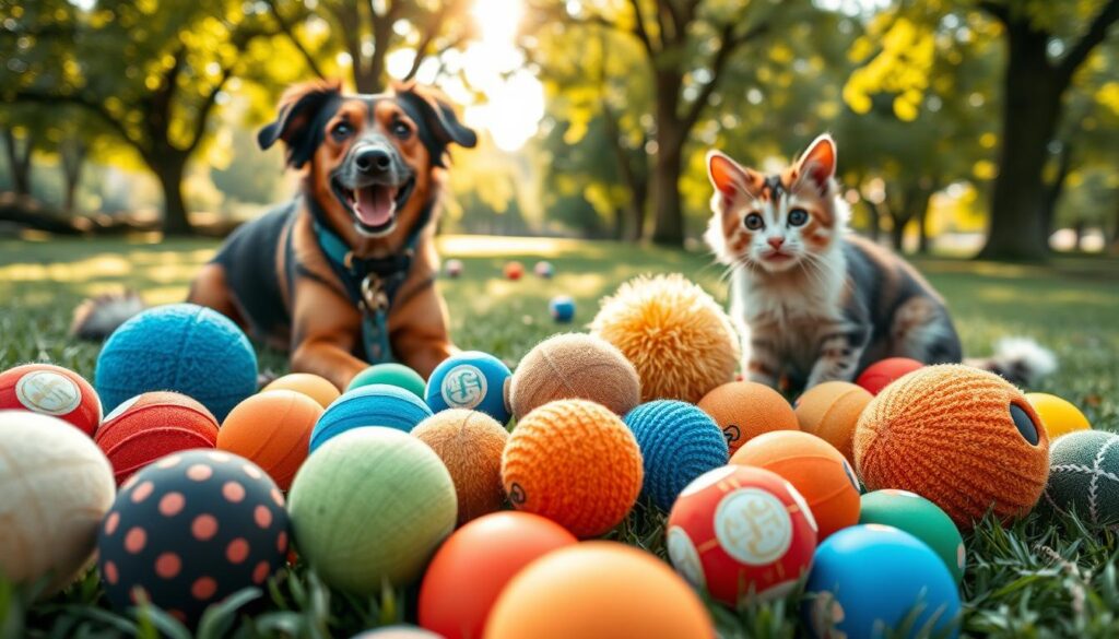 A vibrant display of colorful dog and cat balls (pelotas) arranged on a soft, grassy surface. In the foreground, a variety of textured balls in different sizes and colors—some are rubbery and bouncy, while others are plush and cuddly. The middle ground features playful pets, a cheerful dog and a curious cat, both engaging with the toys, their expressions joyful and inviting. In the background, a picturesque park scene with gentle sunlight filtering through tree leaves, creating a warm, inviting atmosphere. The camera angle is slightly low, emphasizing the pets' playfulness while capturing the vibrant colors of the toys. The mood is light-hearted and festive, perfect for conveying the joy of holiday gifting for pets. A vibrant display of colorful dog and cat balls (pelotas) arranged on a soft, grassy surface. In the foreground, a variety of textured balls in different sizes and colors—some are rubbery and bouncy, while others are plush and cuddly. The middle ground features playful pets, a cheerful dog and a curious cat, both engaging with the toys, their expressions joyful and inviting. In the background, a picturesque park scene with gentle sunlight filtering through tree leaves, creating a warm, inviting atmosphere. The camera angle is slightly low, emphasizing the pets' playfulness while capturing the vibrant colors of the toys. The mood is light-hearted and festive, perfect for conveying the joy of holiday gifting for pets.