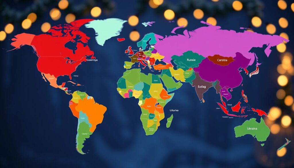 A vibrant global map depicting countries celebrating Christmas on January 7, with vivid colors illustrating different regions. In the foreground, subtly highlighted areas show countries such as Russia, Ukraine, and other Eastern Orthodox nations, adorned with traditional symbols like Christmas trees and church icons. The middle section presents detailed country borders and festive icons representing unique regional customs. In the background, a soft glow of warm festive lights enhances the atmosphere, symbolizing celebration and joy. The map should have a smooth, modern design, utilizing clear labeling with a focus on Christmas traditions, no text overlay or signatures. The lighting should evoke a warm and inviting feeling, inviting viewers to explore the cultural differences in celebration across the globe.