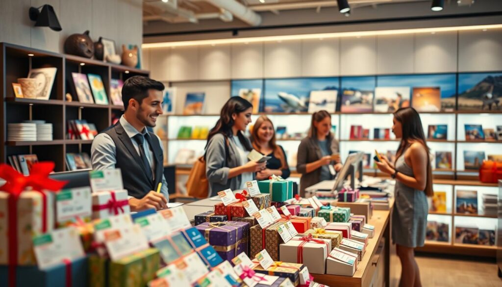 A vibrant, inviting scene showcasing a modern shopping environment filled with discounted experience vouchers, such as spa days, concert tickets, and adventure packages. In the foreground, an attractive display of colorful vouchers and gift boxes adorns a sleek counter, with a friendly cashier wearing professional attire, ready to assist customers. The middle section features diverse people happily browsing and discussing options, capturing the joy of giving experiences. The background displays stylish shelves filled with visually appealing items like travel brochures and decor, illuminated by soft, warm lighting, creating an inviting atmosphere. The scene is shot from a slight angle to emphasize depth and engagement, evoking a sense of excitement and accessibility in shopping for memorable gifts.