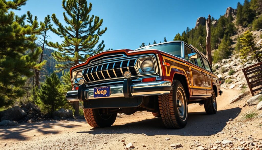 A vintage Jeep Wagoneer parked on a rugged mountain trail, showcasing its iconic boxy design and wood-paneled exterior. In the foreground, the detailed front grille with round headlights and the distinctive Jeep badge gleam in the bright, midday sunlight. Surrounding the Jeep, lush green trees and rocky outcrops create a natural backdrop that hints at adventure. The scene is elevated from a low angle, capturing the vehicle's powerful stance against the breathtaking landscape. The atmosphere is one of nostalgia, evoking memories of classic road trips and exploration. Soft shadows dance across the ground, adding depth, while a clear blue sky enhances the vibrant colors of the Jeep and scenery, creating a sense of timelessness.