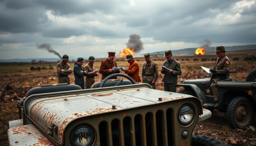 A vintage military scene set during World War II, focusing on a rugged Jeep vehicle prominently displayed in the foreground, showcasing its distinctive features like the round headlights and grill. In the middle ground, there are soldiers in authentic 1940s military uniforms strategizing, some looking at maps, conveying a sense of urgency and teamwork. The background features a battlefield landscape with smoke rising from distant explosions, hinting at conflict, while a cloudy sky casts a dramatic, moody light. The image captures a tense yet hopeful atmosphere, reminiscent of a pivotal moment in military history. Use natural lighting to emphasize the real-world textures of the Jeep and uniforms, and shoot the scene from a slightly elevated angle to provide depth and context. A vintage military scene set during World War II, focusing on a rugged Jeep vehicle prominently displayed in the foreground, showcasing its distinctive features like the round headlights and grill. In the middle ground, there are soldiers in authentic 1940s military uniforms strategizing, some looking at maps, conveying a sense of urgency and teamwork. The background features a battlefield landscape with smoke rising from distant explosions, hinting at conflict, while a cloudy sky casts a dramatic, moody light. The image captures a tense yet hopeful atmosphere, reminiscent of a pivotal moment in military history. Use natural lighting to emphasize the real-world textures of the Jeep and uniforms, and shoot the scene from a slightly elevated angle to provide depth and context.