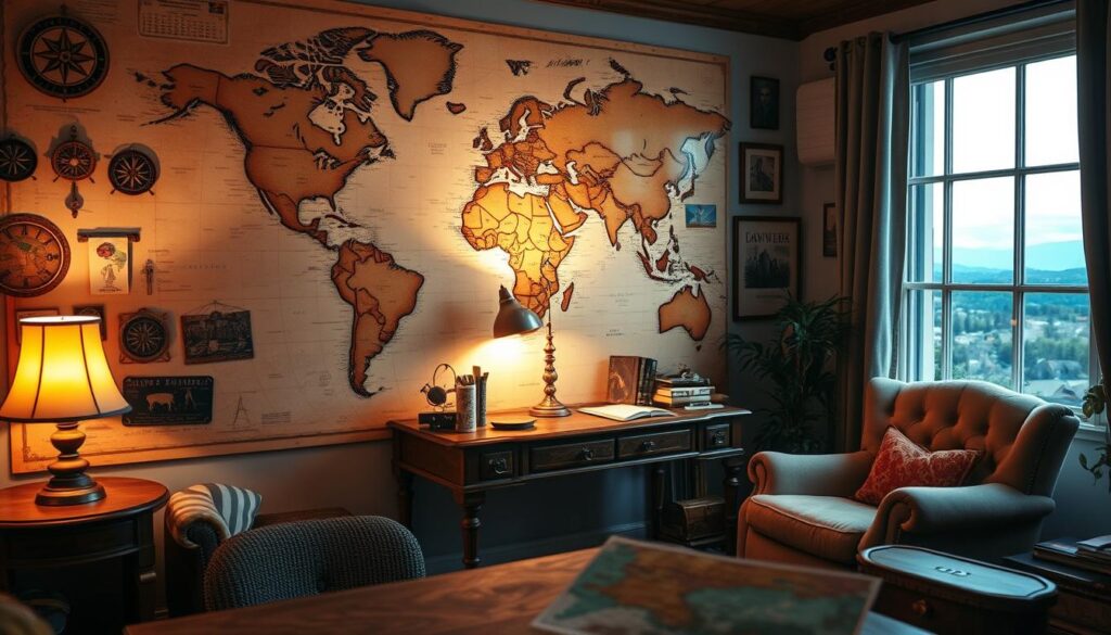 A vintage-style world map prominently displayed in the foreground, showcasing intricate geographical details with warm, earthy tones. Surrounding the map, various travel-themed decorations like compass roses, globes, and travel postcards add an inviting, adventurous flair. In the middle ground, a cozy, softly lit room with an antique wooden desk and plush armchair creates an atmosphere of wanderlust. A window in the background reveals a beautiful landscape, hinting at distant travels. The lighting is warm and inviting, coming from a table lamp that casts soft shadows, enhancing the mood of exploration. Capture this scene from a slightly elevated angle to allow the viewer to appreciate the map's details and the inviting decor, evoking a sense of adventure and the spirit of travel.